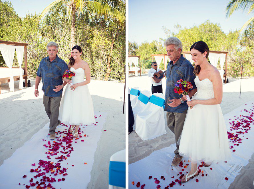 father walking bride down the aisle beach