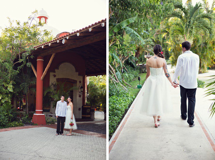 Bride and groom walking at Occidental Grand Cozumel