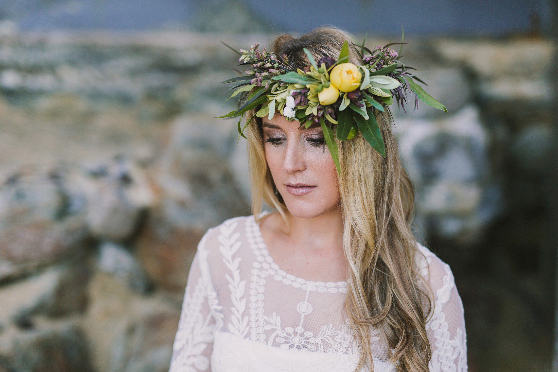 Flower crown on bride in Monterey
