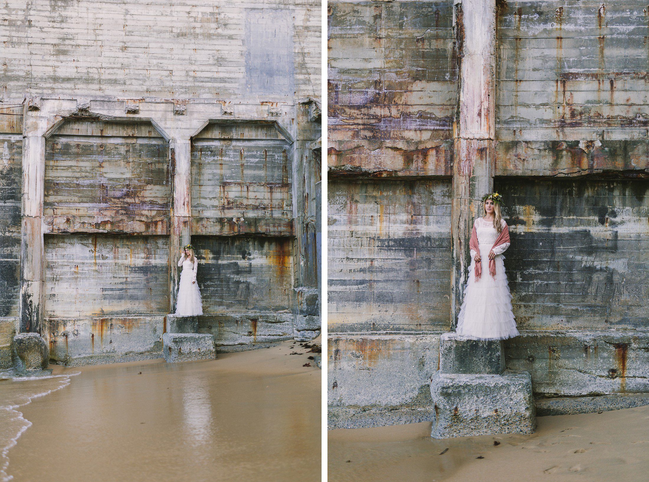 Bride standing in front of rusty concrete wall