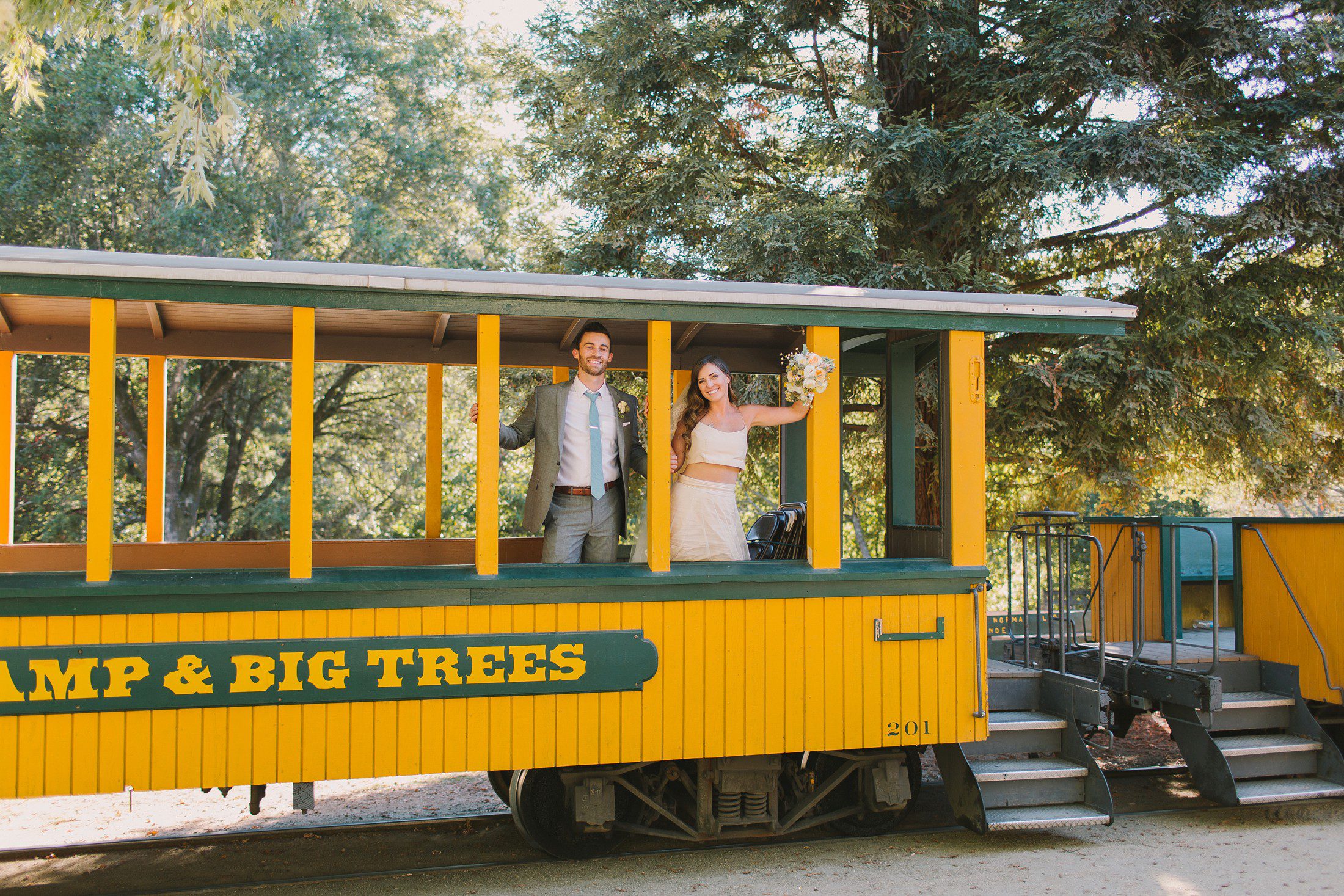 Bride and Groom on train at Roaring Camp