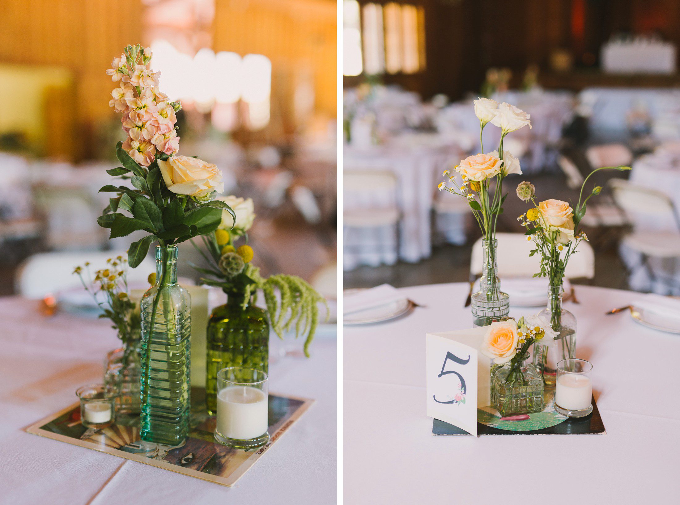 Vintage bottles with flowers for centerpieces