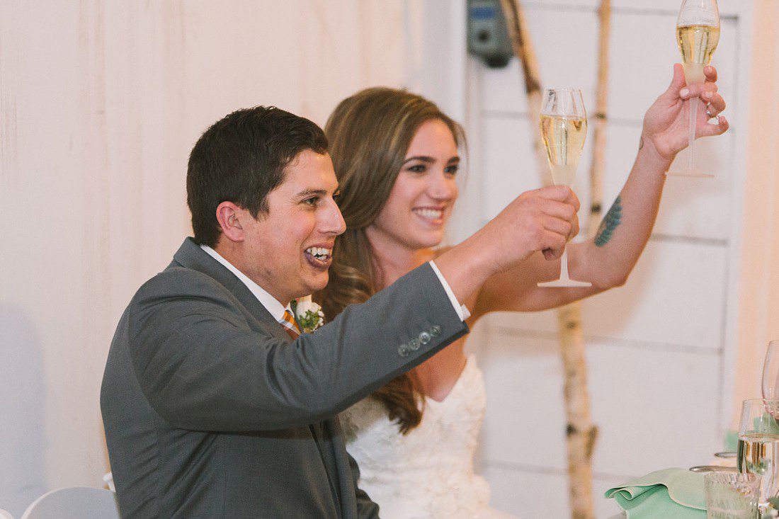 cheers after toasts at Sand Rock Farm wedding reception