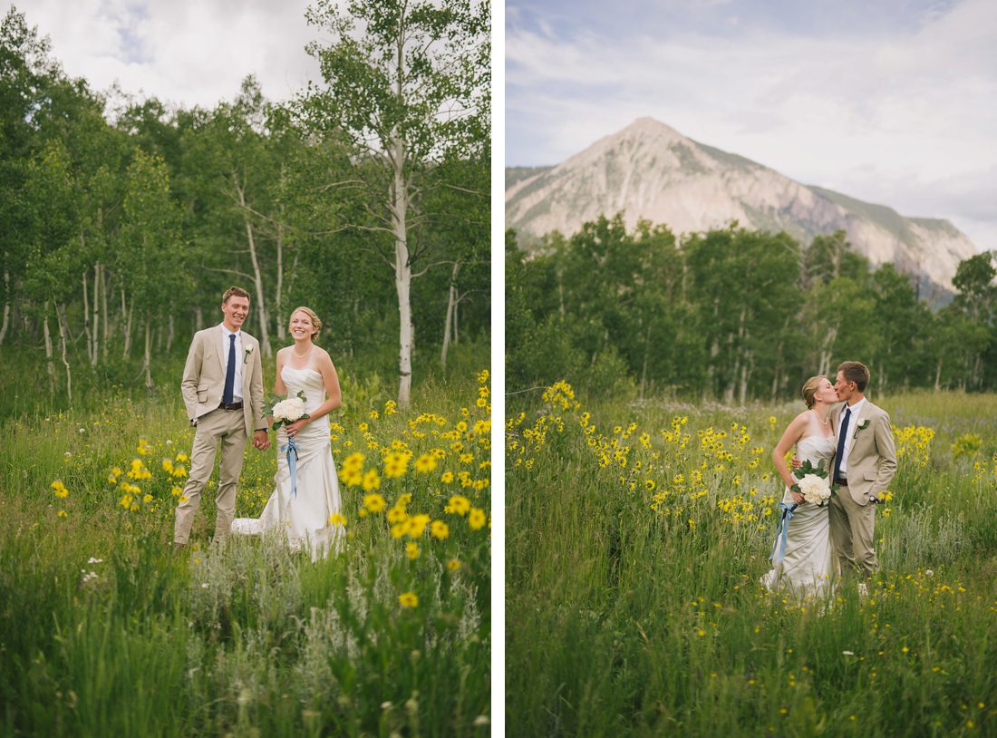 Bride and groom in wildflowers at Crested Butte Wedding
