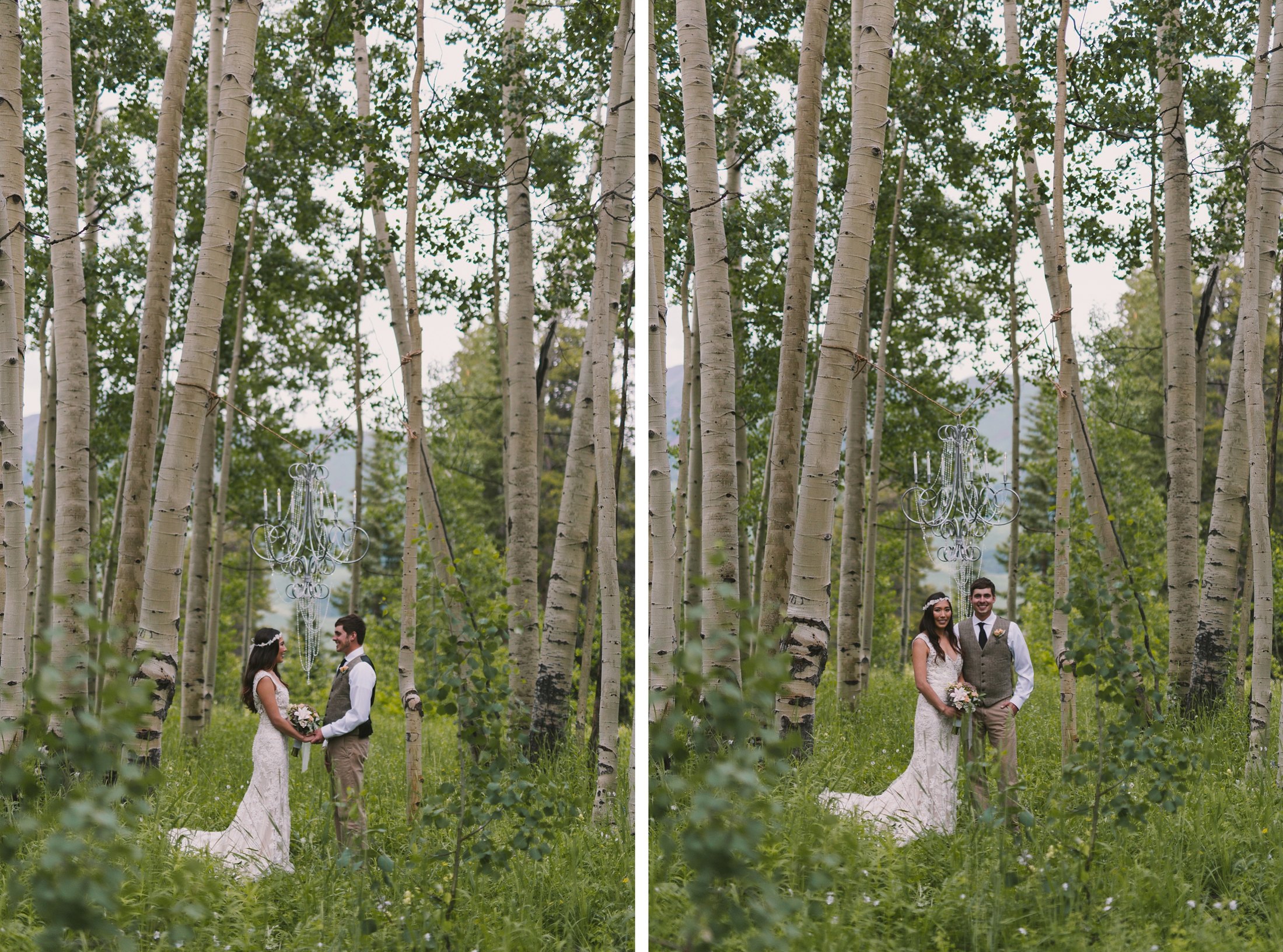 Bride and groom in aspen trees with chandelier
